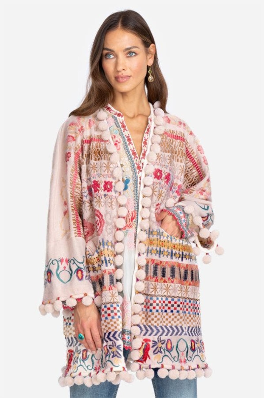Johnny Was Cassius Embroidered Kimono Cardigan with Pompom Trim Pink Medium